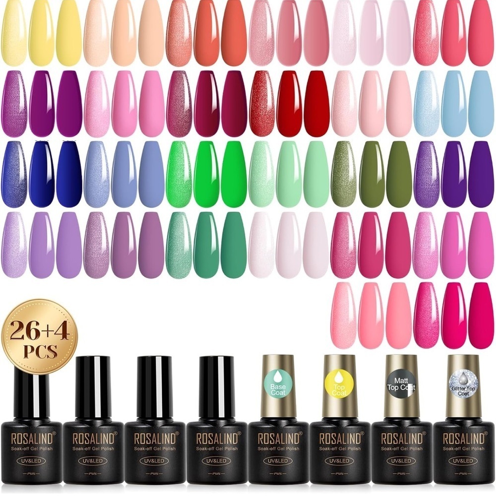 ROSALIND 30PCS Gel Nail Set, Base, Glossy, Matte and Glitter Top Coat Gel Kit​​​